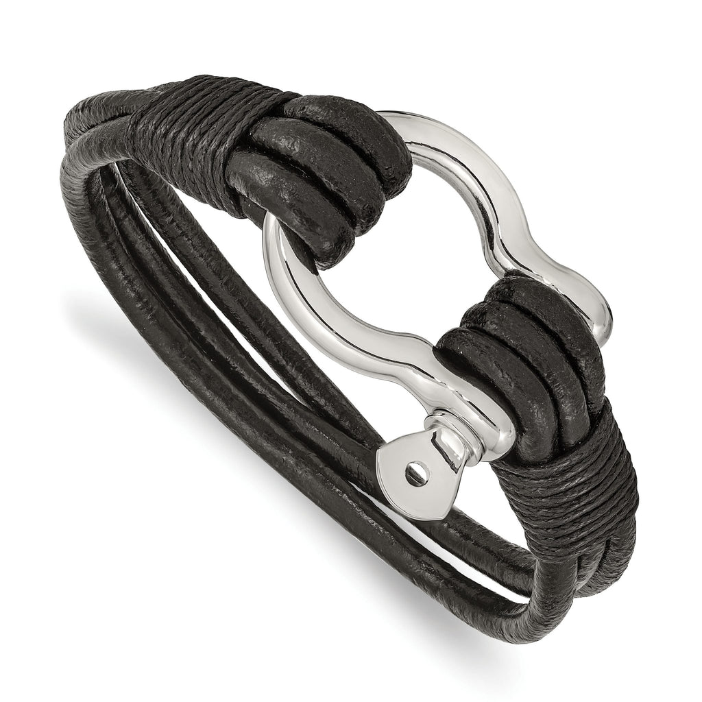 Stainless Steel Polished Shackle Multi Strand Black Leather Bracelet for Men