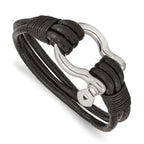 Stainless Steel Polished Shackle Multi Strand Black Leather Bracelet for Men