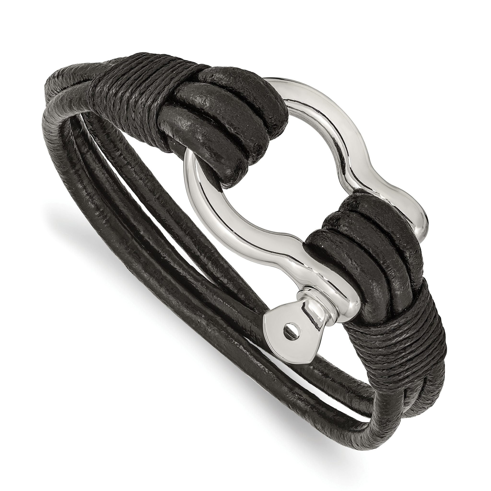 Stainless Steel Polished Shackle Multi Strand Black Leather Bracelet for Men