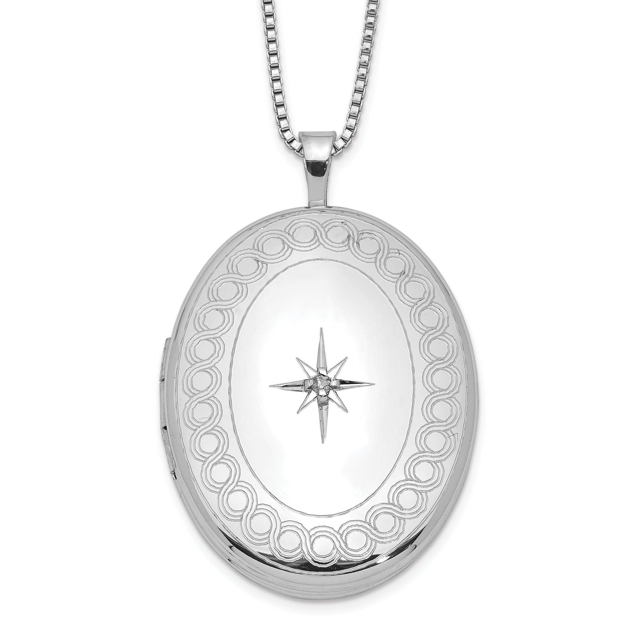 Sterling Silver Rhod-plated 26mm Circle Border Diamond Oval Locket Necklace Main image