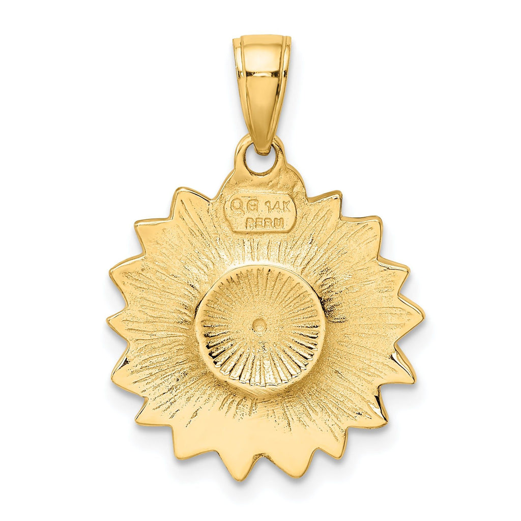 14K Gold Enameled Sunflower Pendant with Textured Back Elegant Charm