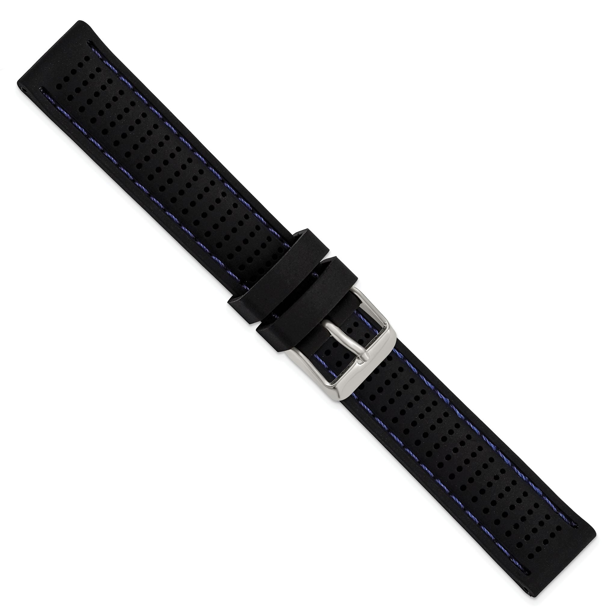 Ventilated Silicone Watch Band in Black with Blue Stitching, 20mm