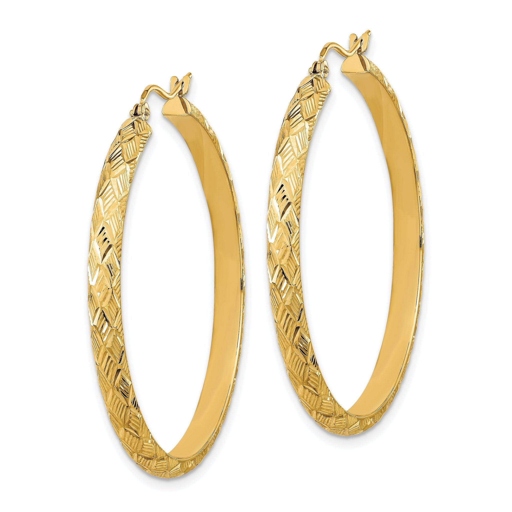 14K Polished and Textured Fancy Diamond Cut Hoop Earrings Secondary image
