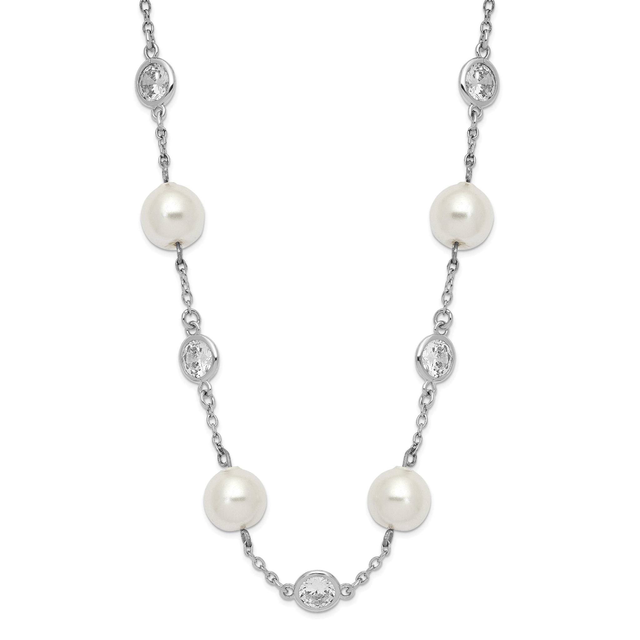 Cheryl 925 Sterling Silver CZ and Pearl Necklace with Polished Rhodium Finish Main image