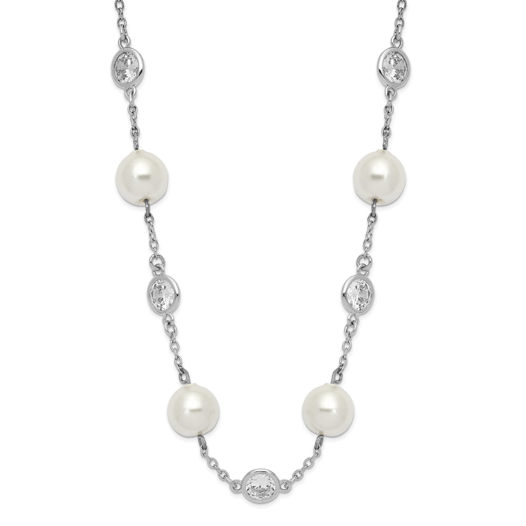 Cheryl 925 Sterling Silver CZ and Pearl Necklace with Polished Rhodium Finish