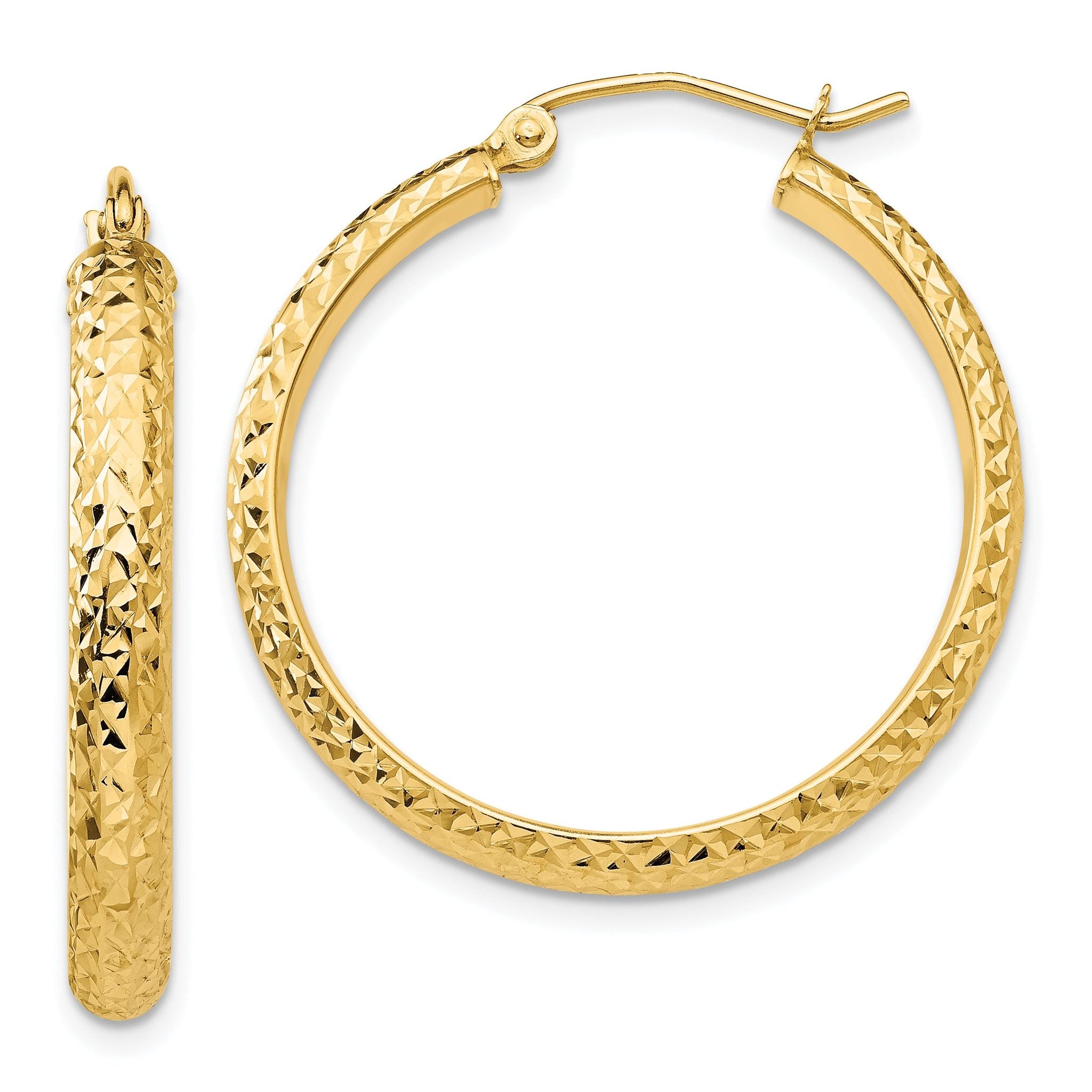 14K Diamond-cut 3.5x28mm Hollow Hoop Earrings