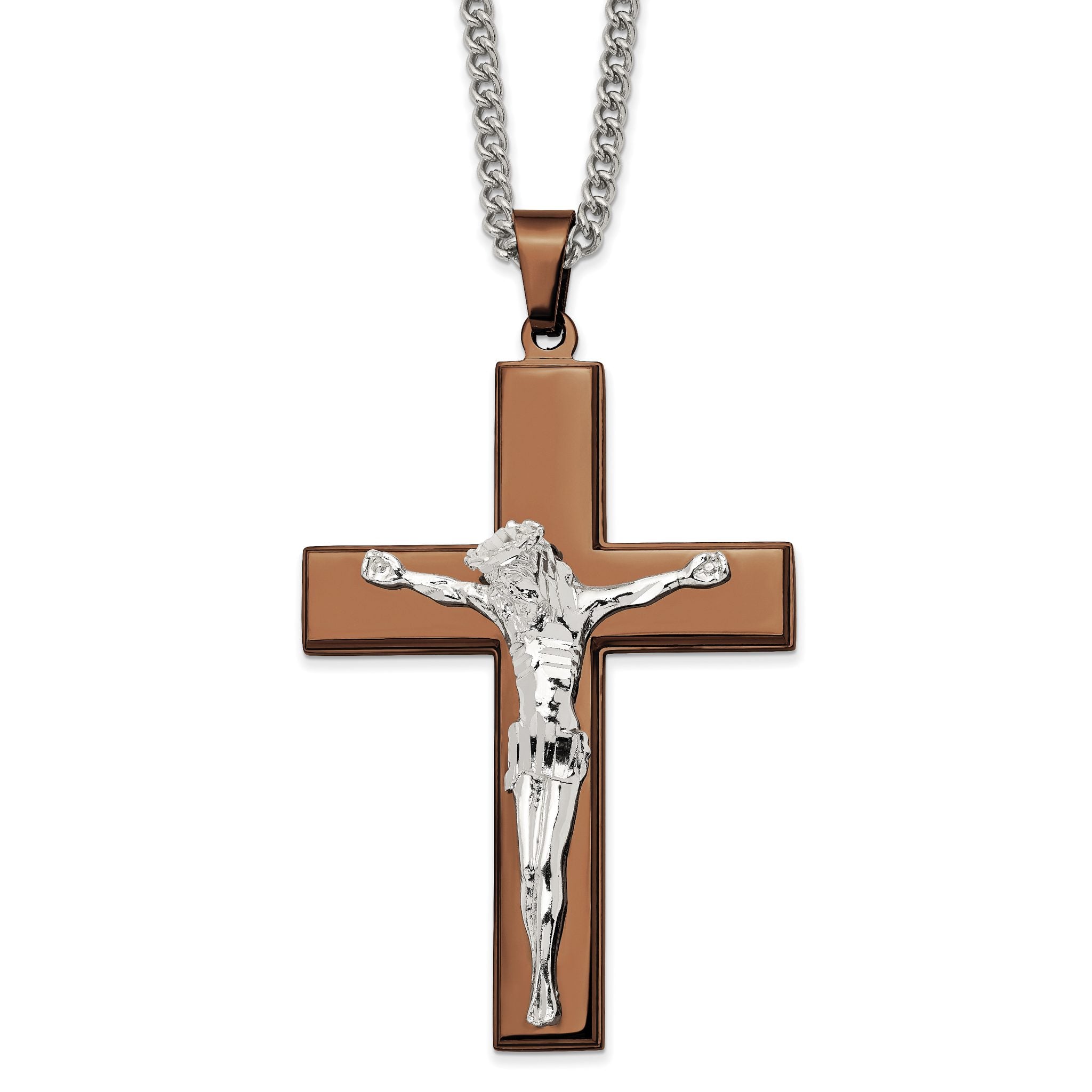 Chisel Stainless Steel Polished Brown IP-plated Crucifix Pendant on a 24 inch Curb Chain Necklace Main image