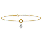 14K Two-tone Circle with Diamond-cut Puffed Heart Dangle 9 inch Plus 1 inch Extender - Total 10 inch