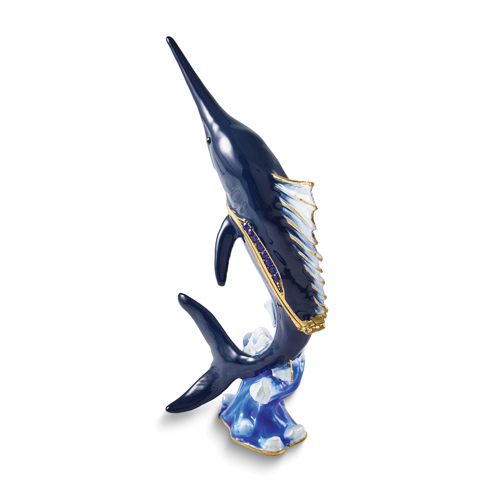 Luxury Giftware by Jere Bejeweled BLADE Swordfish on Wave Trinket Box with Matching 18 inch Necklace