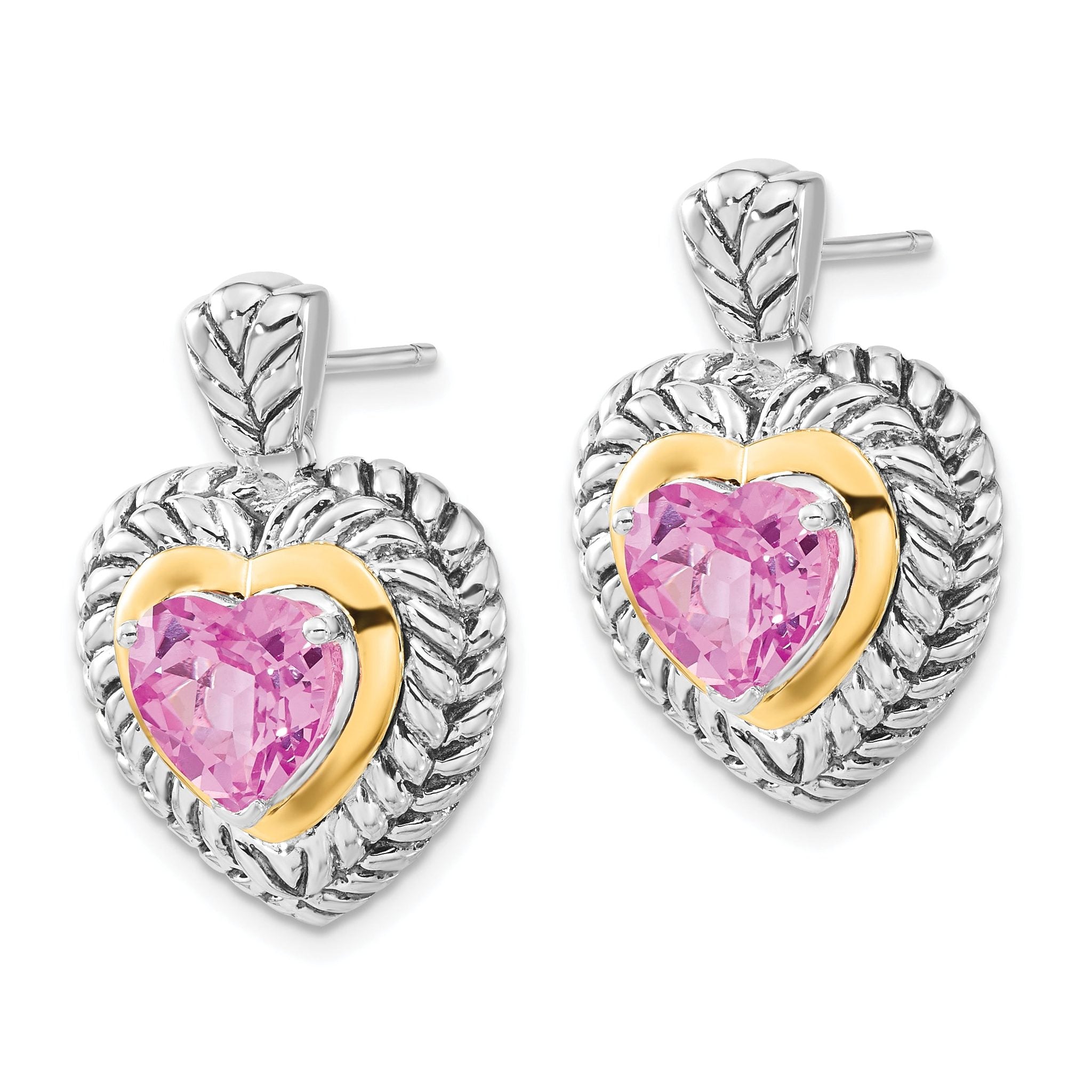 Sterling Silver 14K Gold Pink Sapphire Heart Dangle Earrings Secondary image