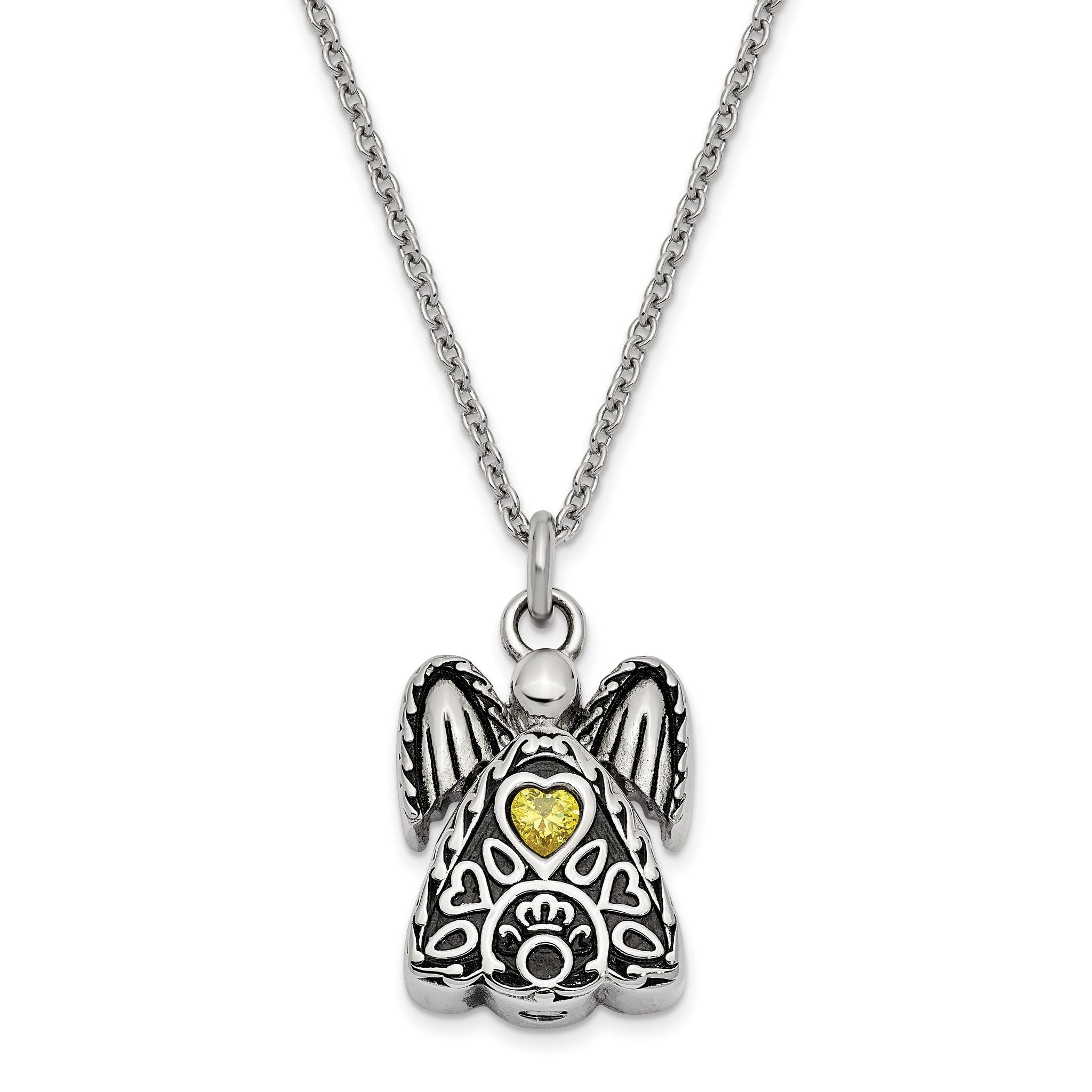 Sentimental Expressions Stainless Steel Yellow CZ November Birthstone Antiqued Angel Ash Holder 18 Inch Necklace Main image