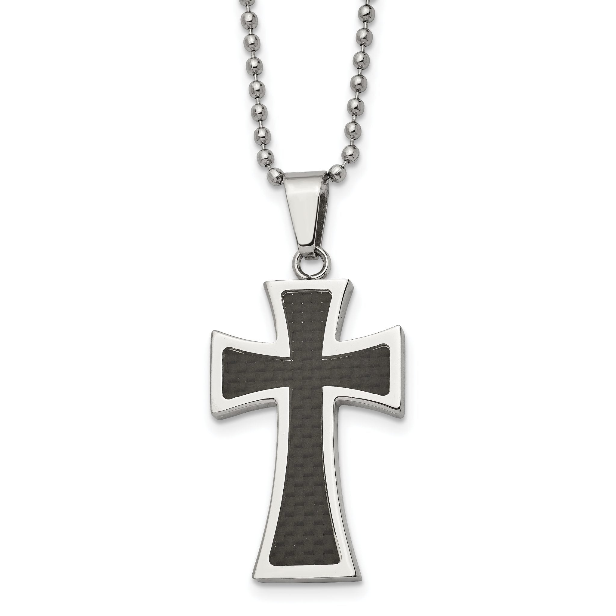 Men's Polished Stainless Steel Necklace with Carbon Fiber Cross Pendant