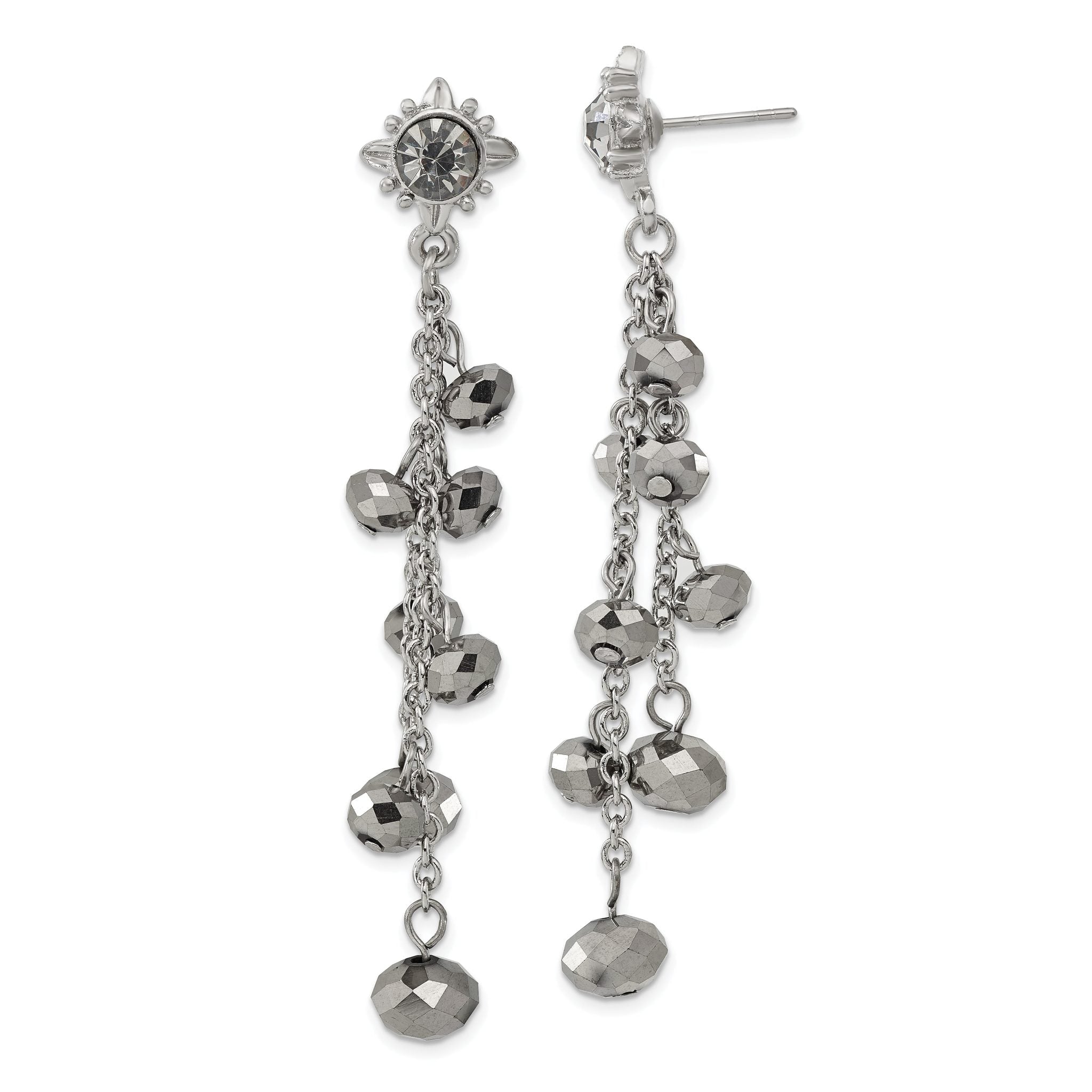 1928 Jewelry Silver-tone Hematite Glass Stone and Faceted Beads Cluster Long Dangle Post Earrings Main image