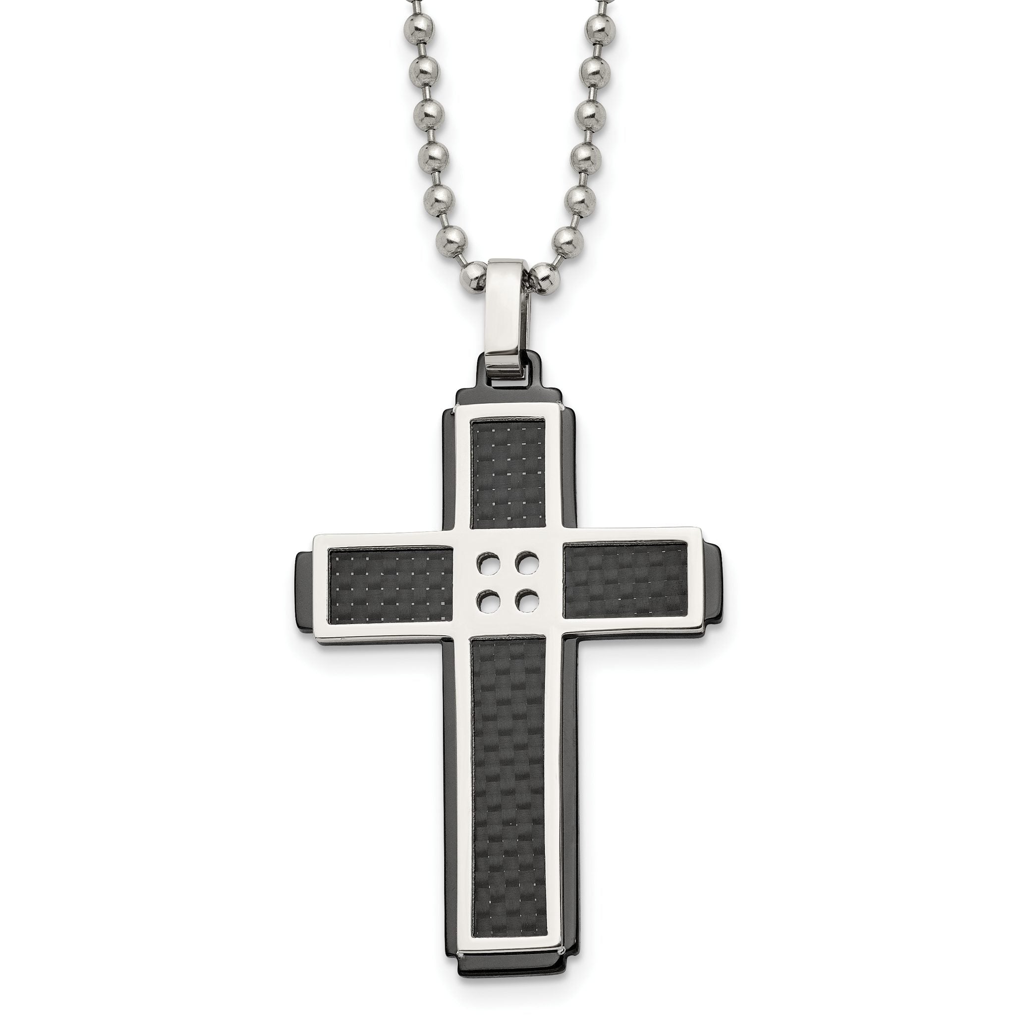 Stainless Steel Polished Black IP-plated Solid Carbon Fiber Cross Necklace Main image