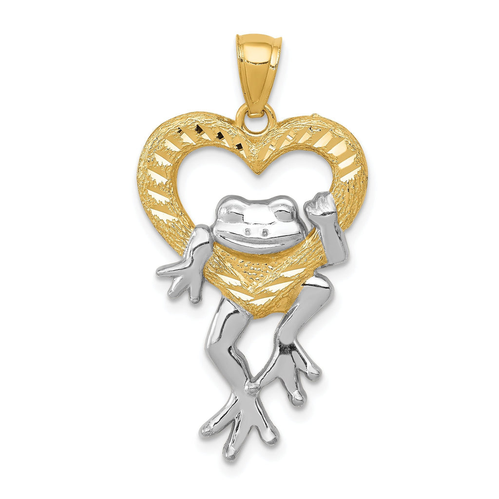 14K Gold and Rhodium Frog in Heart Pendant  Elegant, Casted Design
