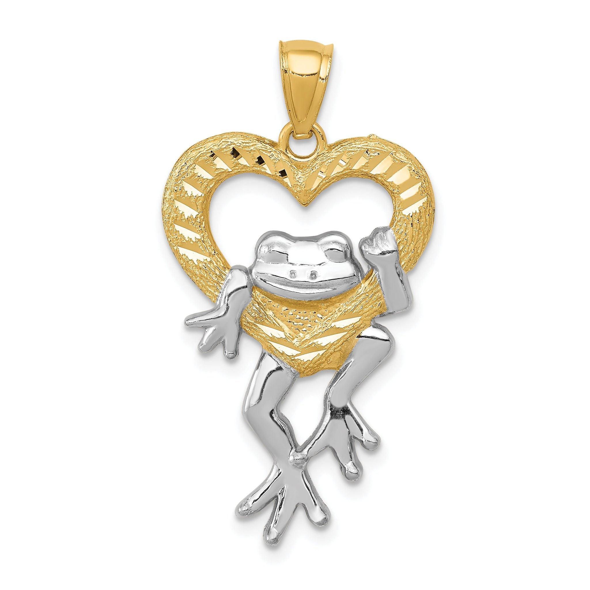 14K Gold and Rhodium Frog in Heart Pendant  Elegant, Casted Design