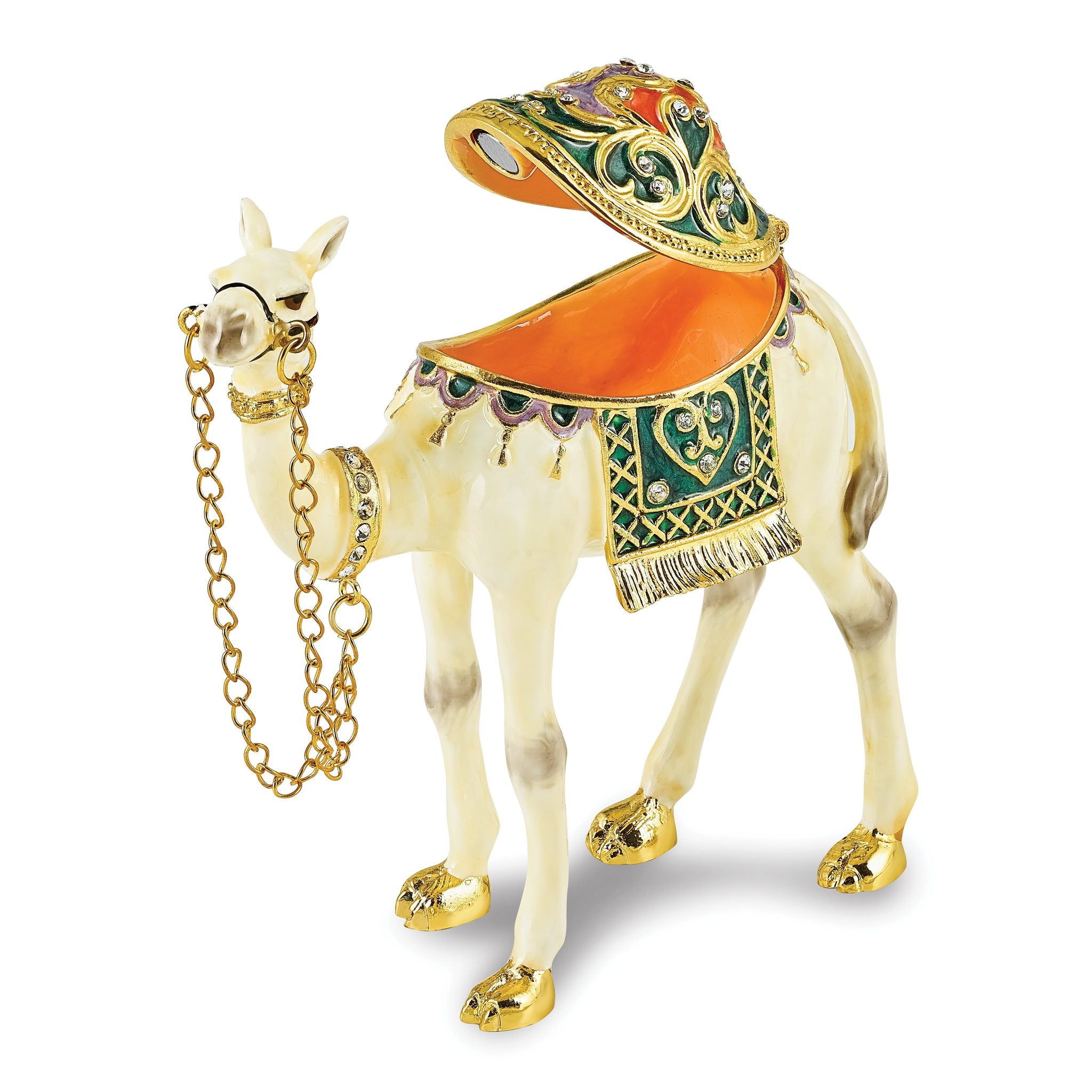 Luxury Giftware by Jere Pewter Bejeweled Crystals Gold-tone Enameled FAISAL White Camel Trinket Box with Matching 18 Inch Necklace Secondary image
