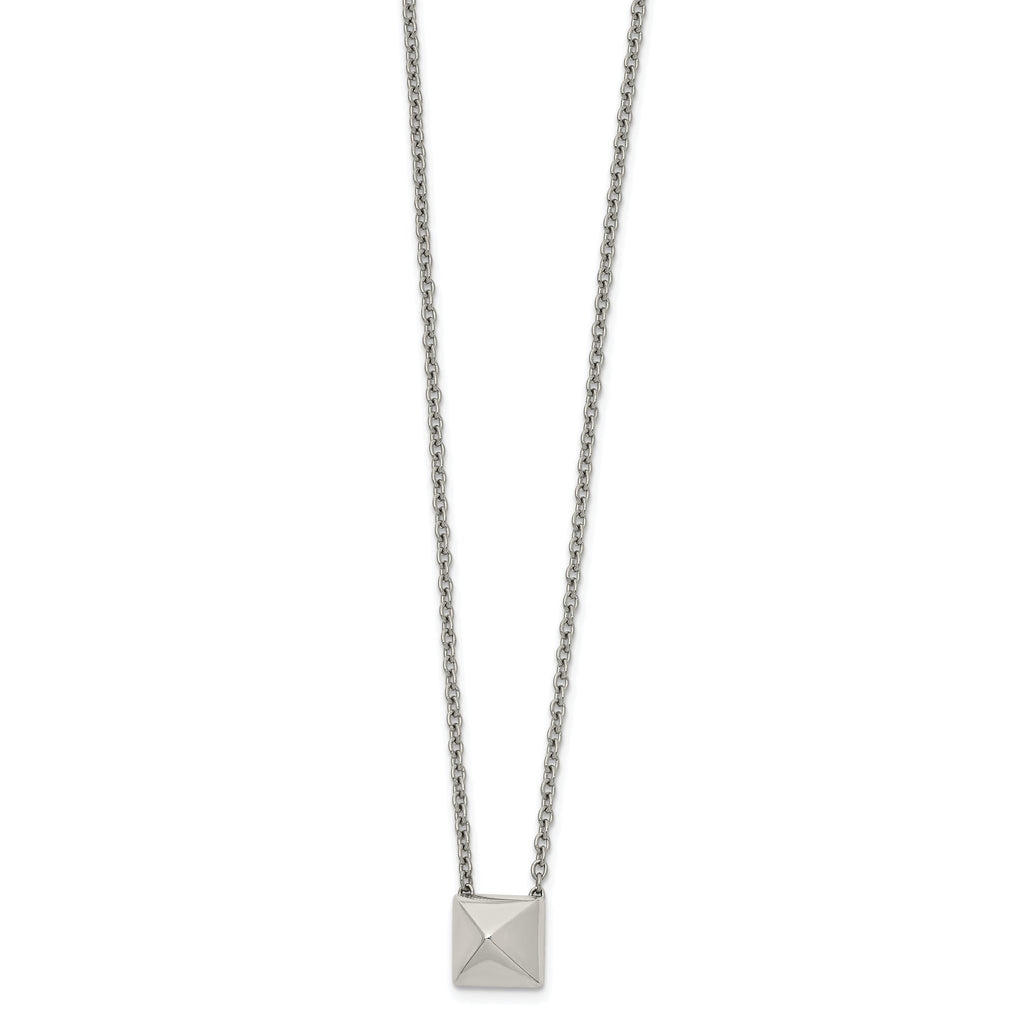 Stainless Steel Polished Pendant Square Stud 16in w/2 in ext  Necklace