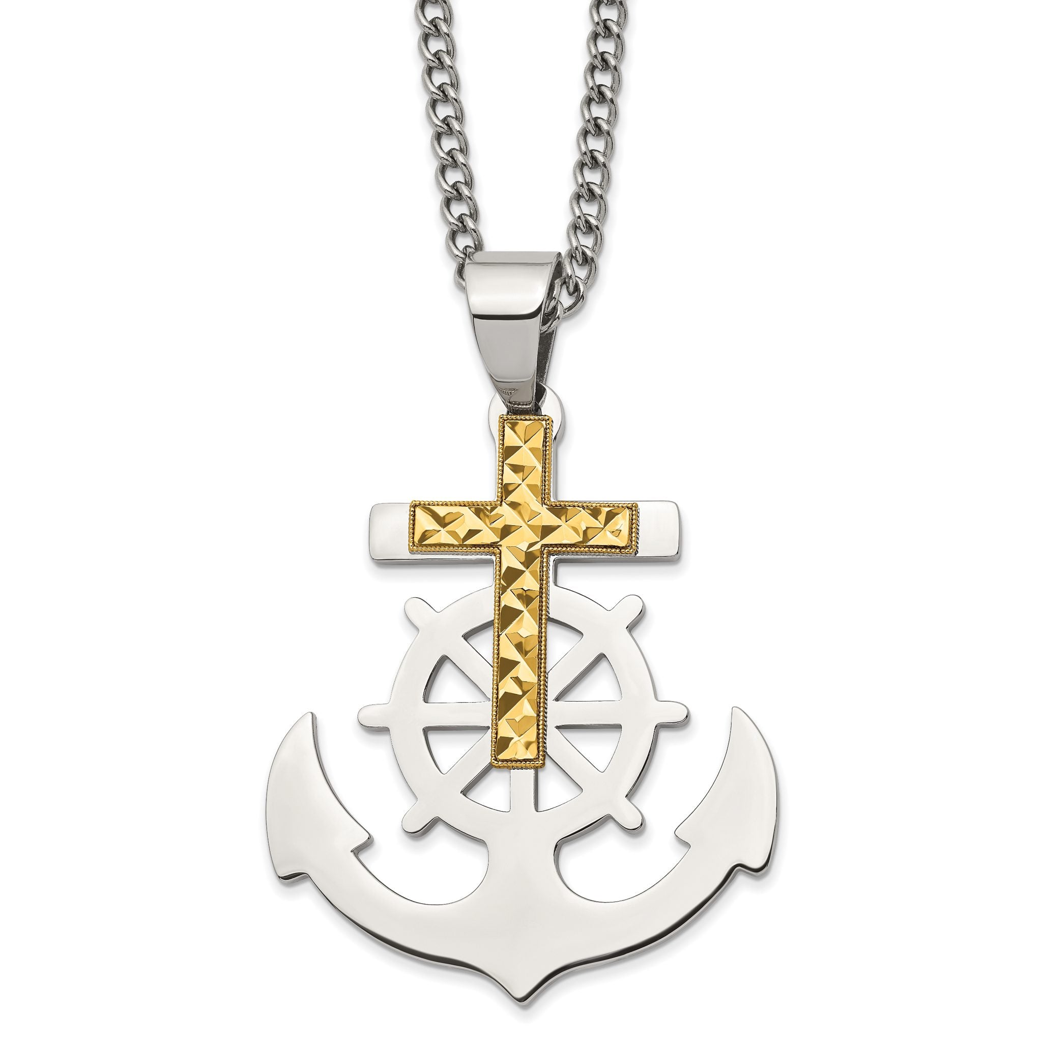 Chisel Stainless Steel Polished Anchor with Yellow IP-plated Diamond cut Cross Pendant on a 24 inch Curb Chain Necklace Main image
