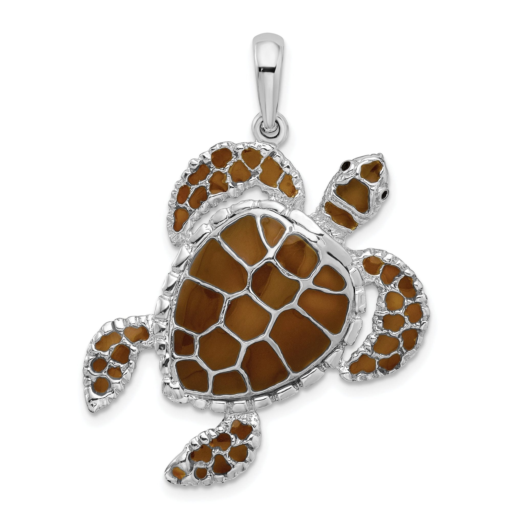 De-Ani Sterling Silver Rhodium-Plated Polished Enameled Brown Sea Turtle Pendant Main image