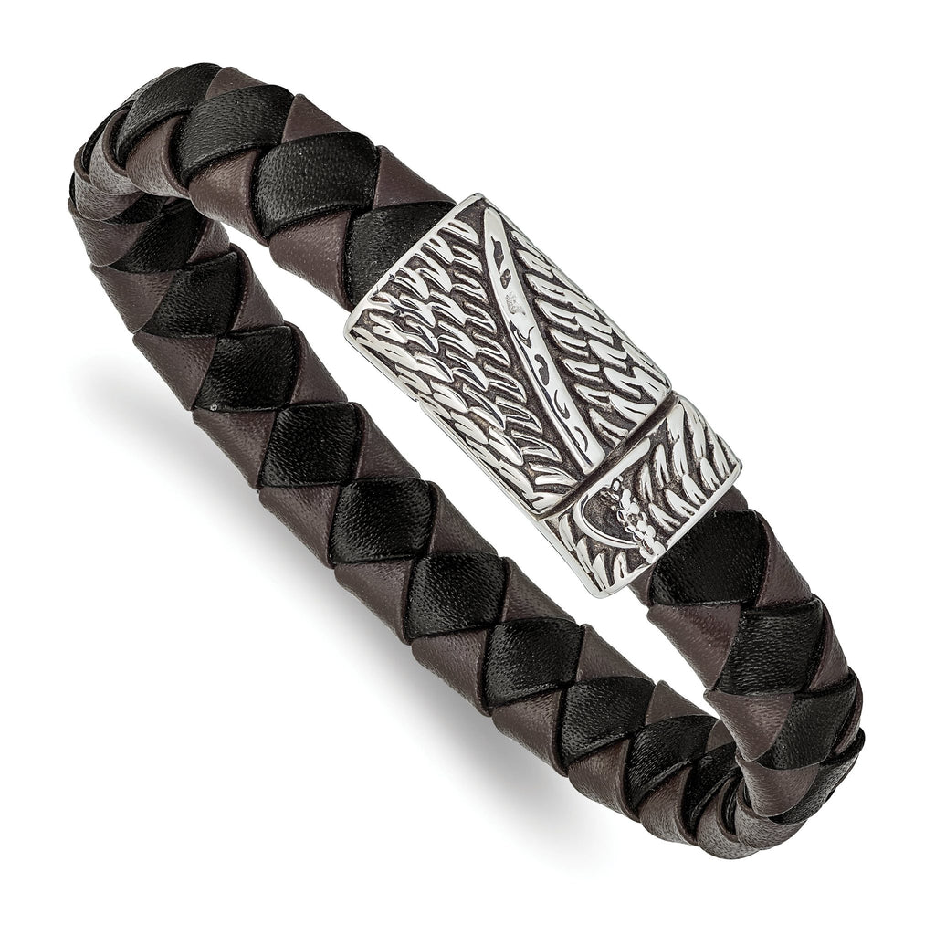 Stainless Steel Antiqued and Polished Sword Black and Brown Braided Leather Bracelet for Men