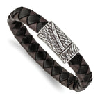 Stainless Steel Antiqued and Polished Sword Black and Brown Braided Leather Bracelet for Men