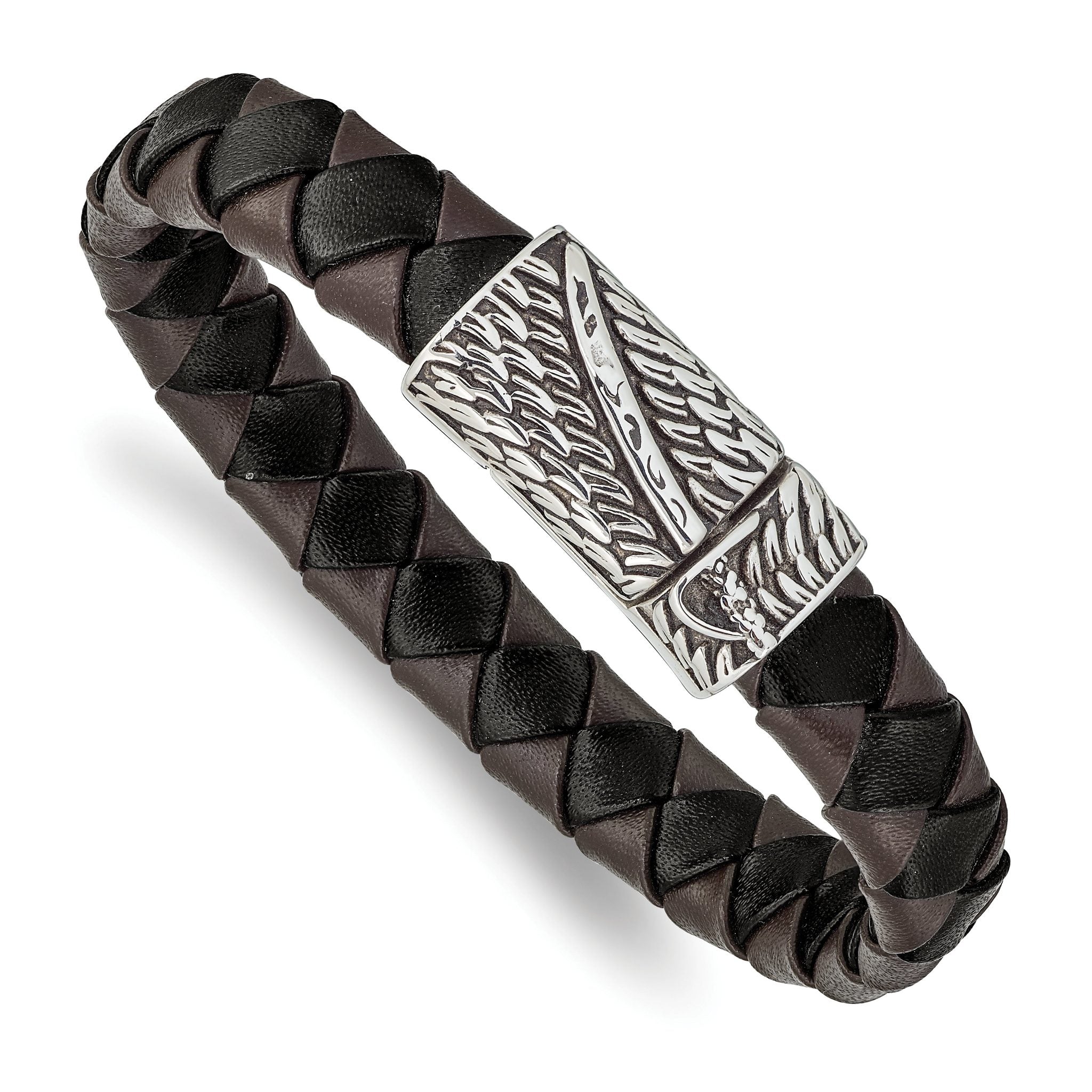 Stainless Steel Antiqued and Polished Sword Black and Brown Braided Leather Bracelet for Men