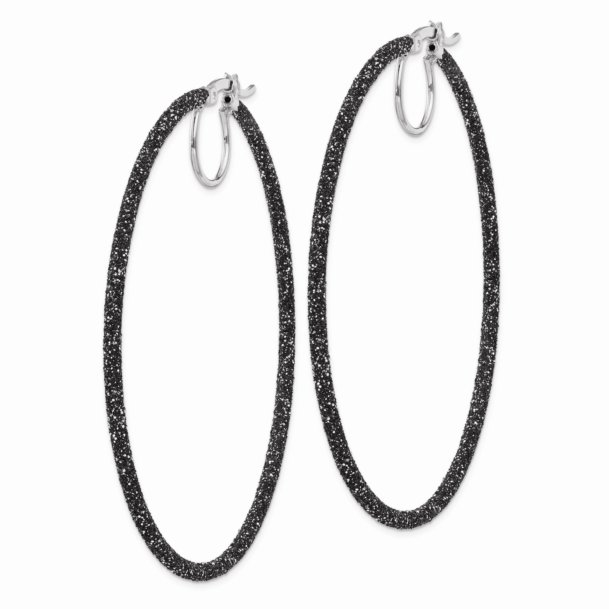 Sterling Silver Rhodium/Black Glitter Enamel 2x55mm Hoop Earrings Secondary image