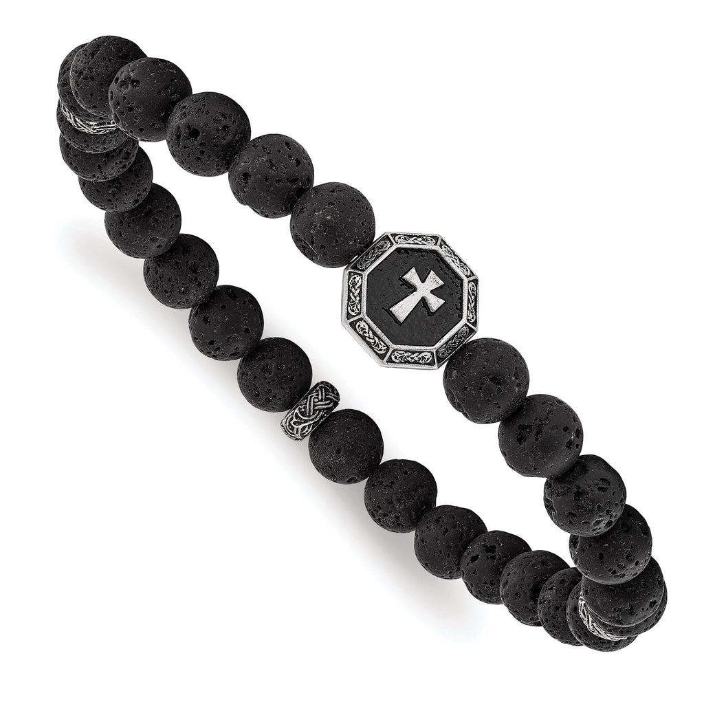 Stainless Steel Antiqued and BrushedCross 8.5mm Lava Stone Beaded Stretch Bracelet