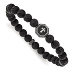 Stainless Steel Antiqued and BrushedCross 8.5mm Lava Stone Beaded Stretch Bracelet