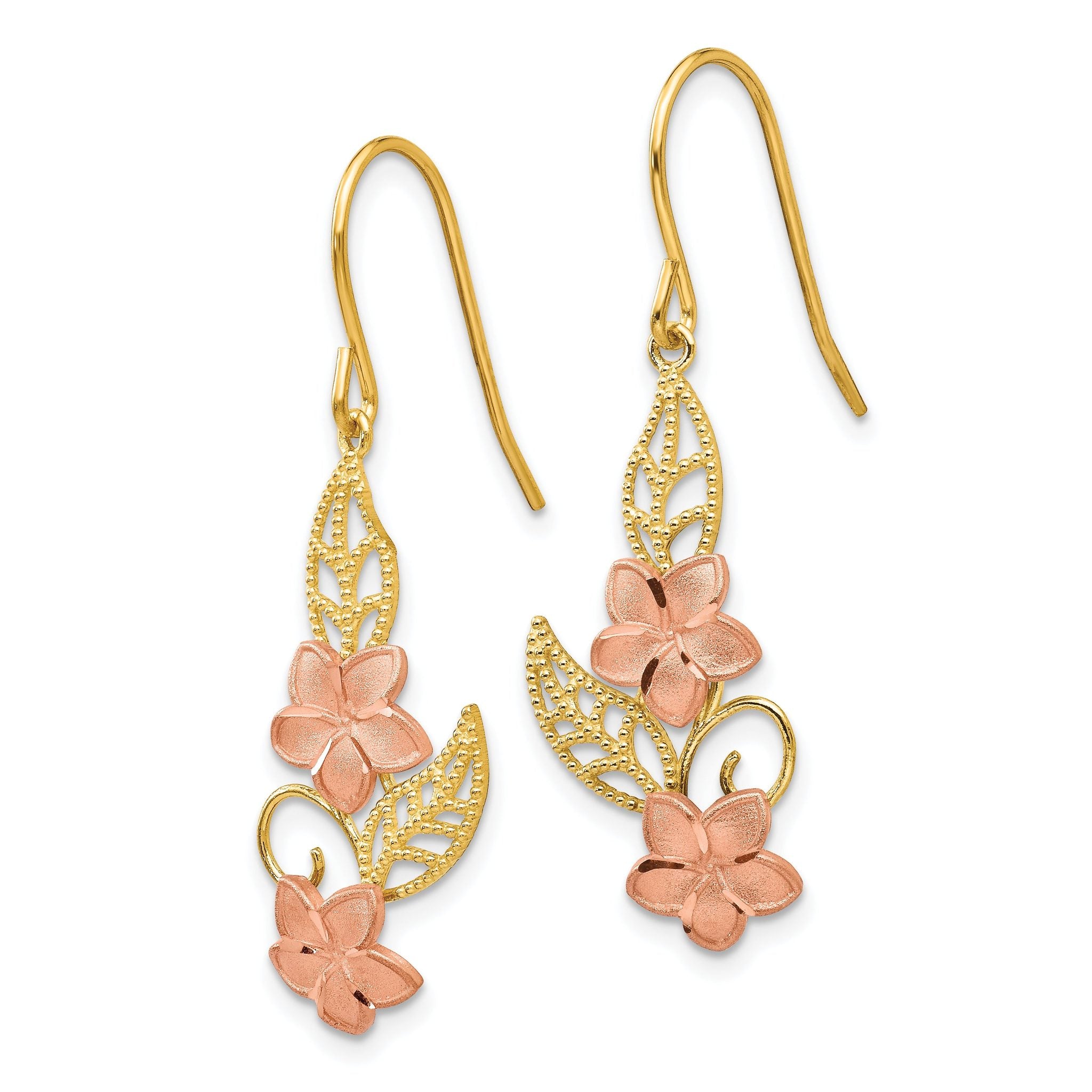 14K Two-tone Fancy Plumeria Dangle Earrings Secondary image