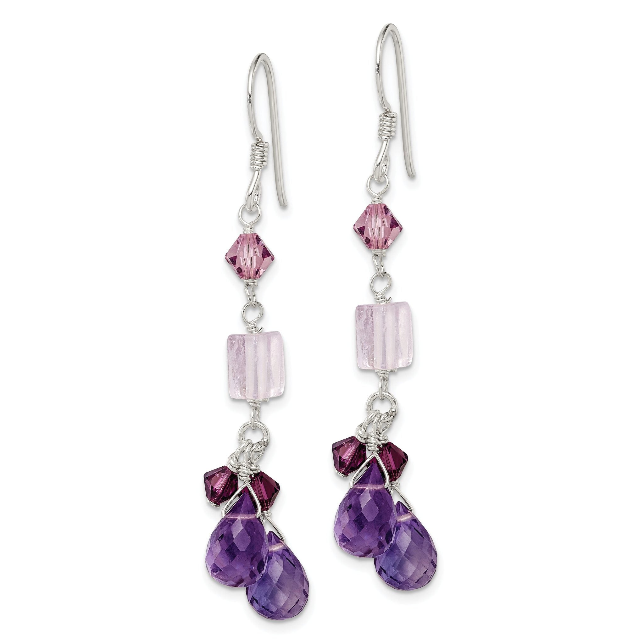 Sterling Silver Polished Amethyst, Lavender Quartz & Crystal Dangle Earrings Secondary image