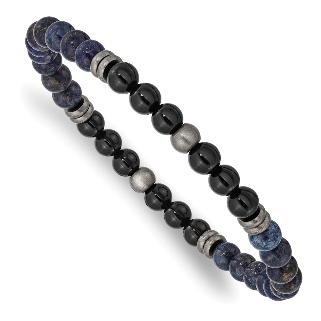 Stainless Steel Brushed and Antiqued Bronze-plated 6.5mm Black Agate and Lapis Beaded Stretch Bracelet