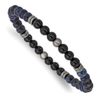 Stainless Steel Brushed and Antiqued Bronze-plated 6.5mm Black Agate and Lapis Beaded Stretch Bracelet