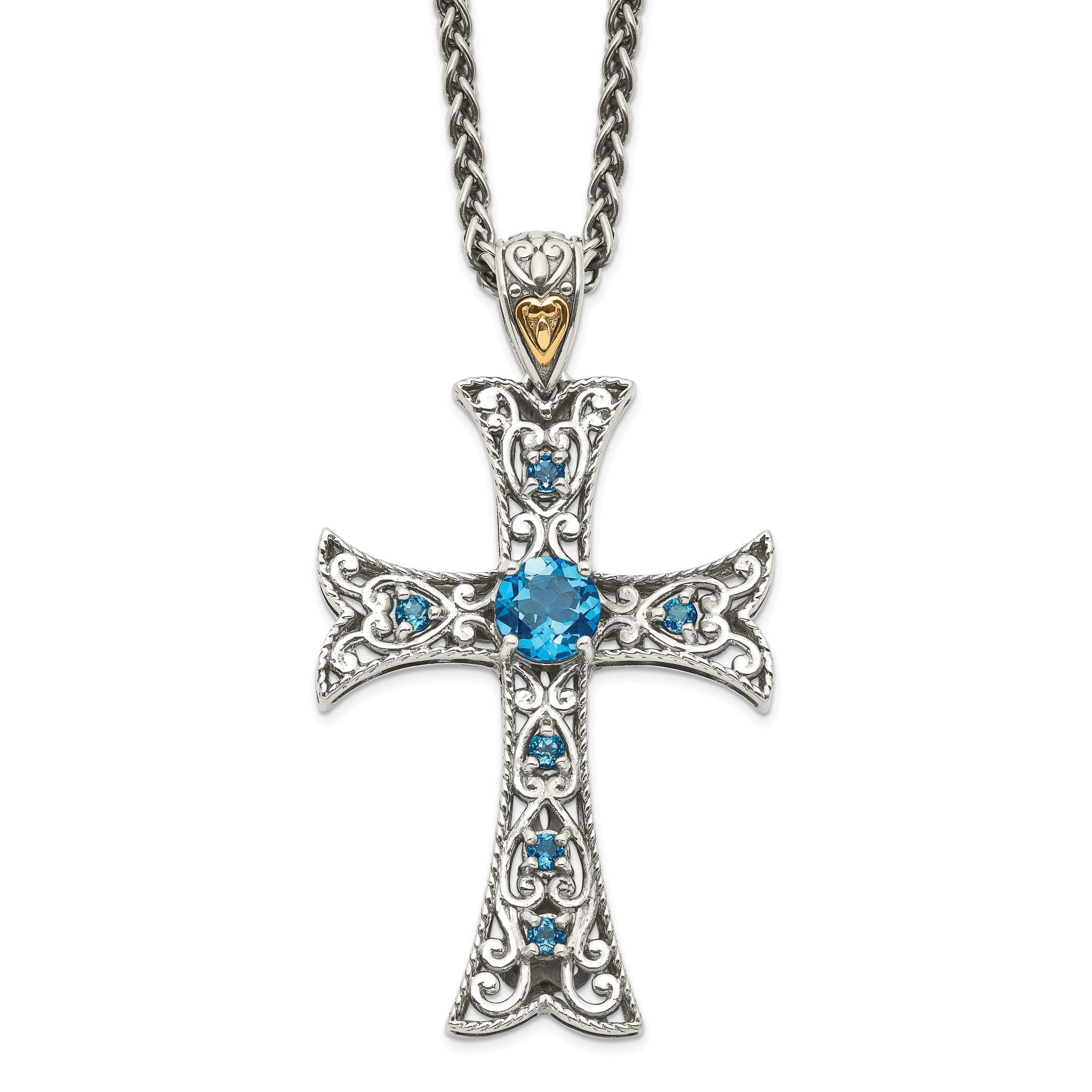 Shey Couture Sterling Silver with 14K Accent 18 Inch Antiqued Round London Blue Topaz Cross Necklace Main image