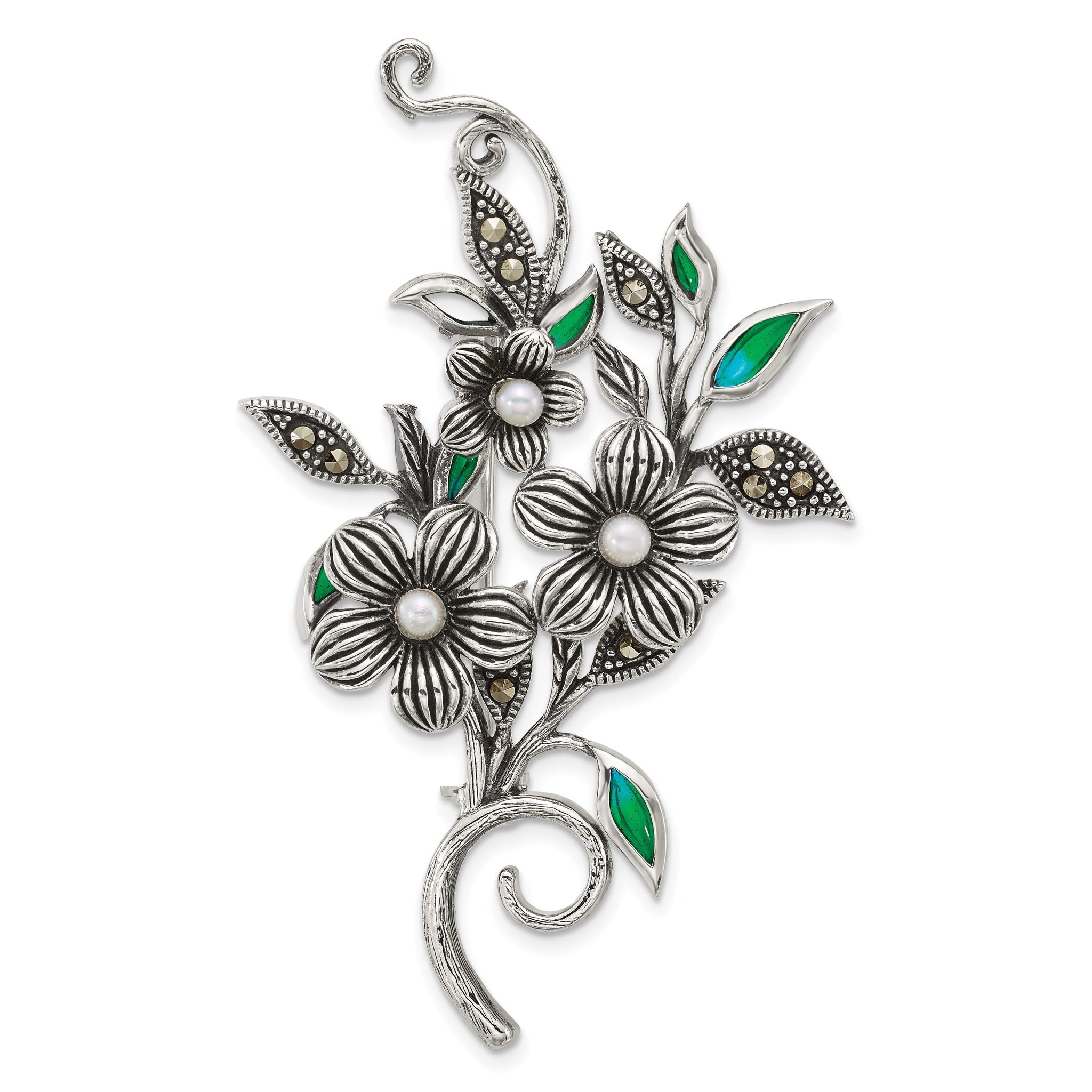 Sterling Silver Antiqued Marcasite and Freshwater Cultured Pearl with Green Epoxy Floral Pin Main image