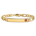 14K Medical Semi-Solid Chain/Solid Plate 37x6mm Off-Center Red Enamel Figaro Link 8 inch ID Bracelet