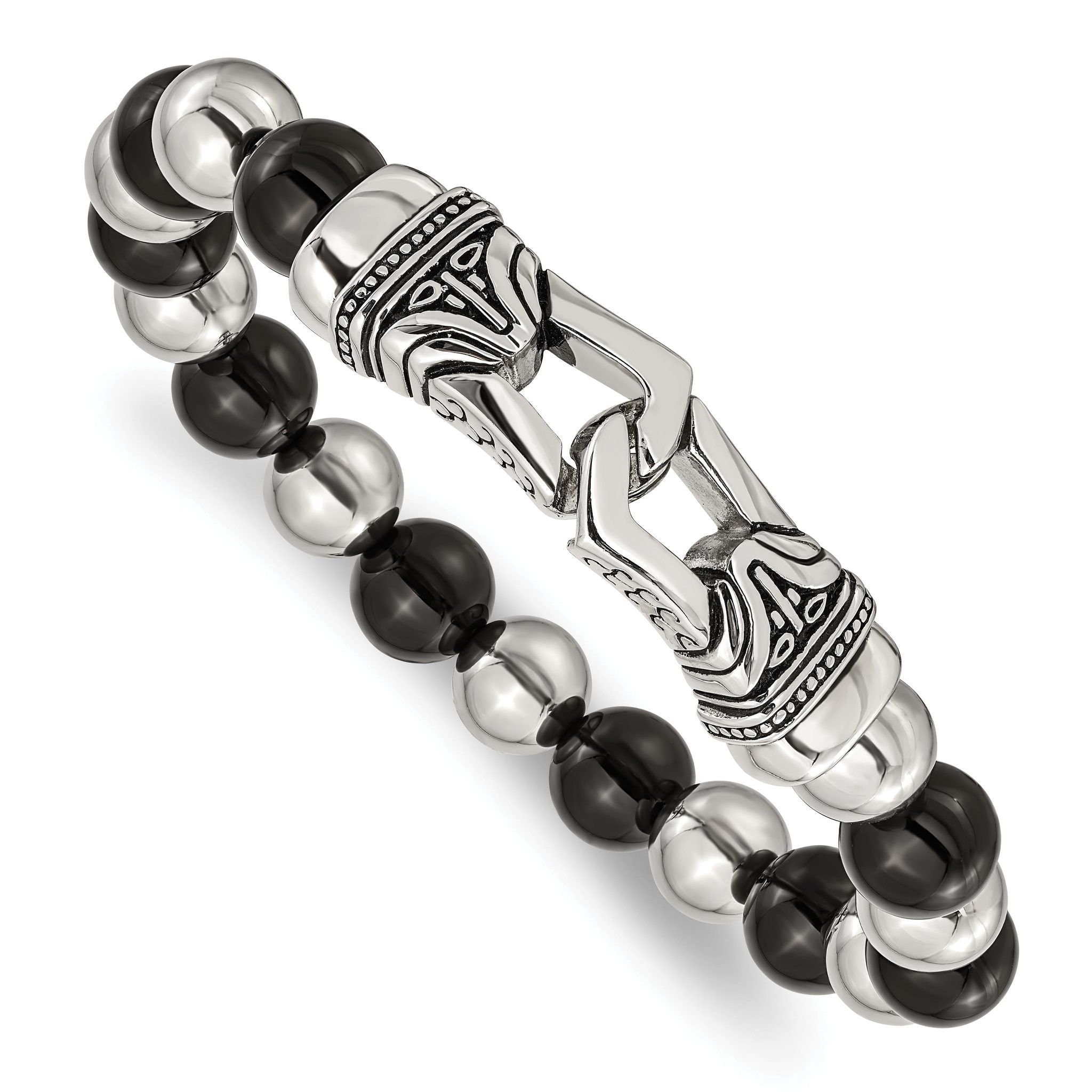 Stainless Steel Antiqued and Polished 10mm Black Agate Beaded Stretch Bracelet for Men Main image