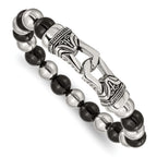 Stainless Steel Antiqued and Polished 10mm Black Agate Beaded Stretch Bracelet for Men