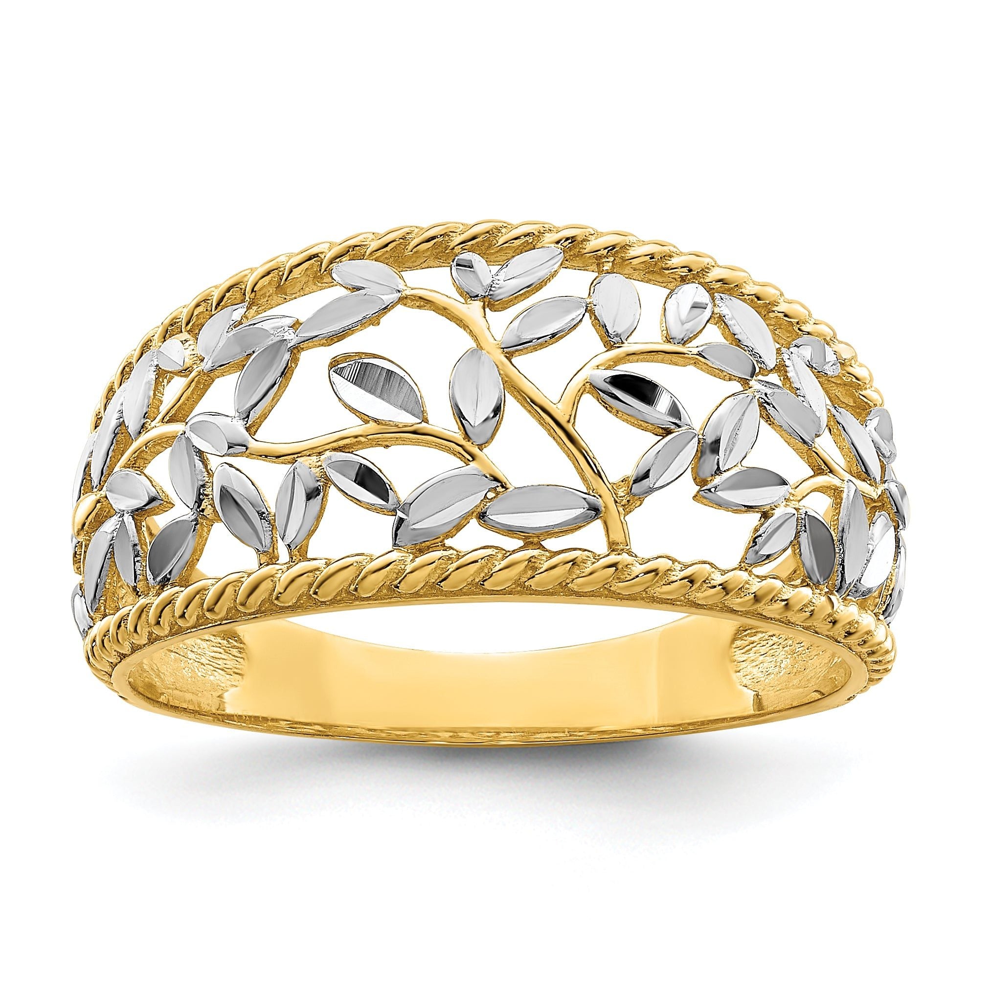 14k w/Rhodium Diamond-cut Filigree Leaf Ring Main image