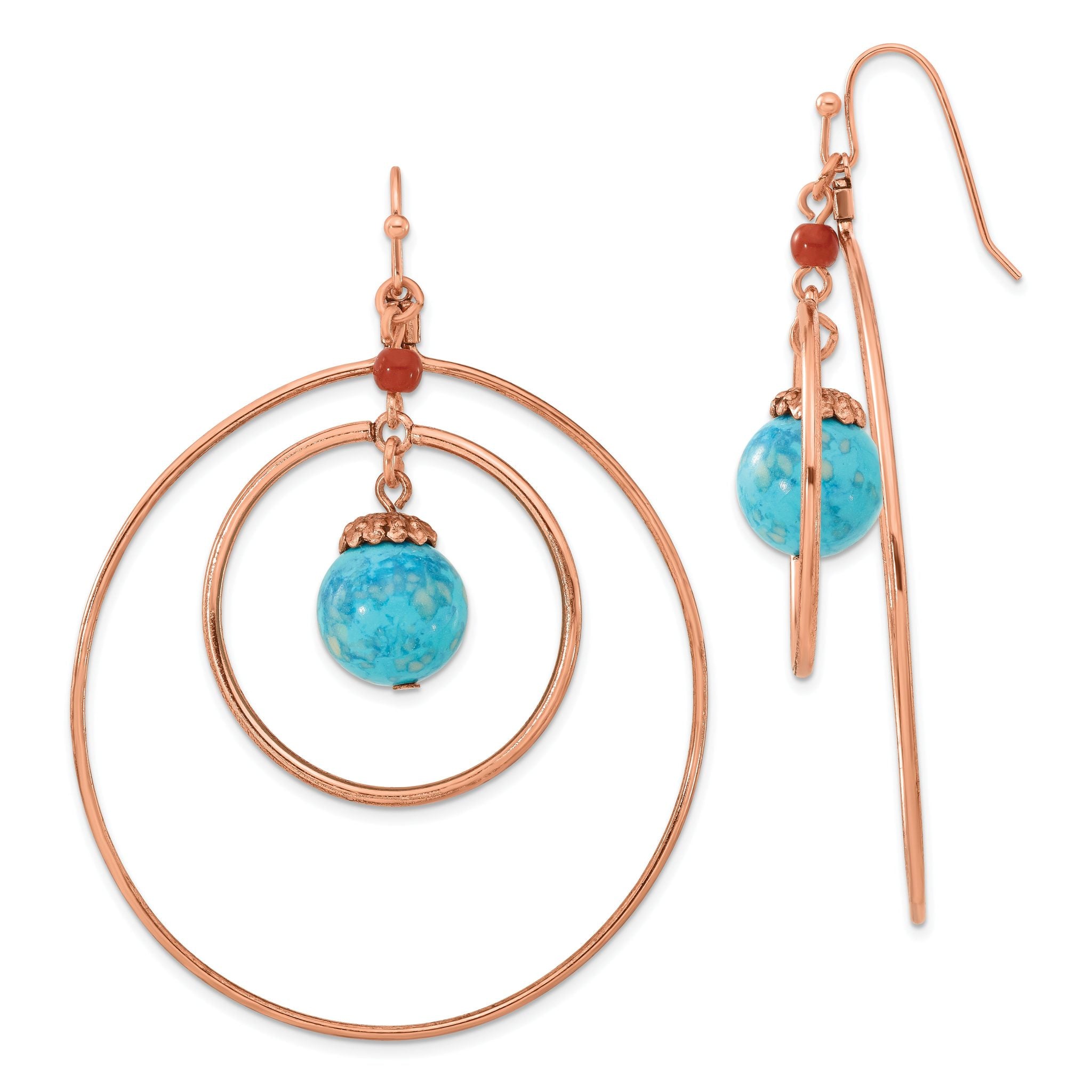 1928 Jewelry Copper-tone Double Circle Brown and Aqua Acrylic Beads Dangle Earrings Main image