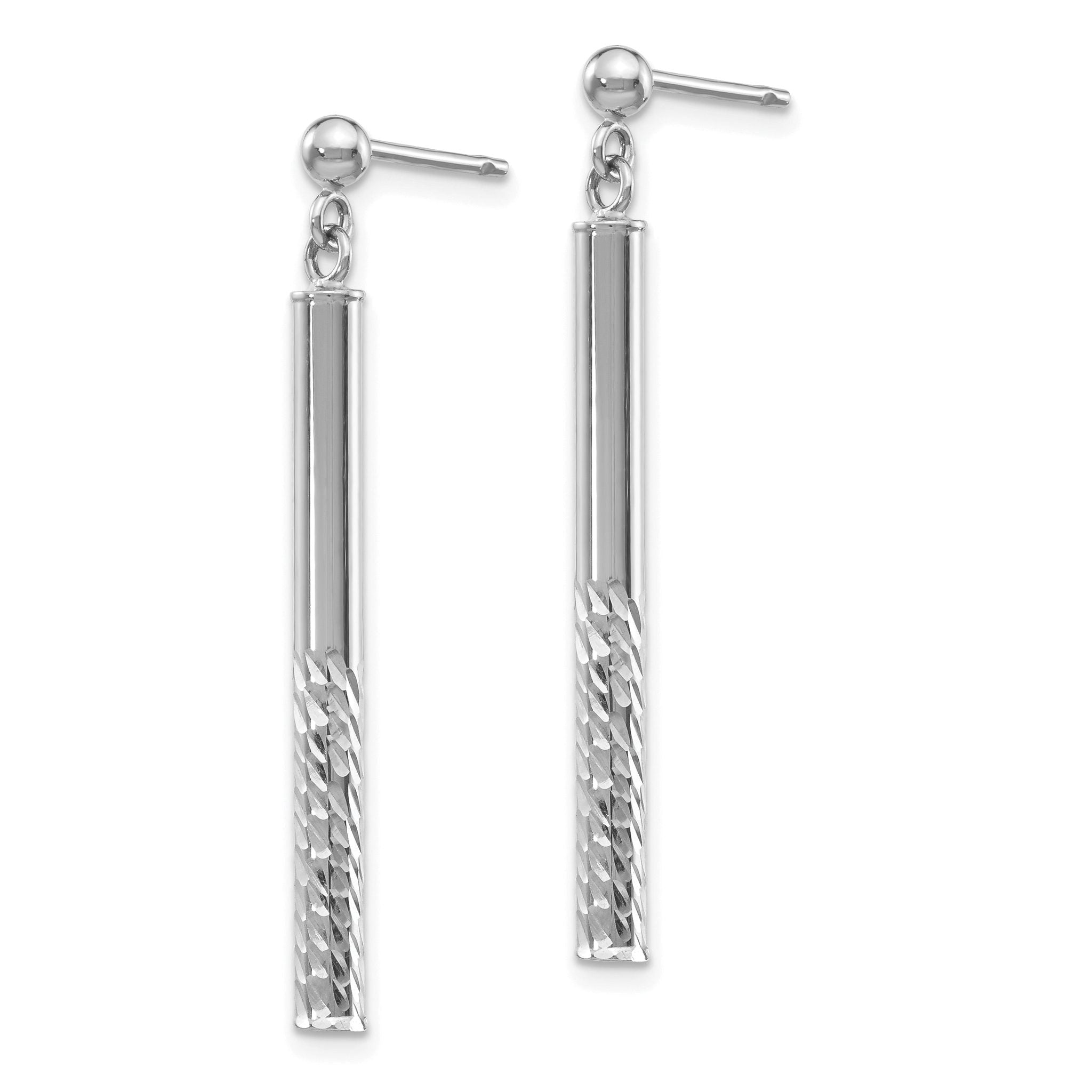 14k White Gold Polished and Diamond-cut Bar Dangle Post Earrings Secondary image
