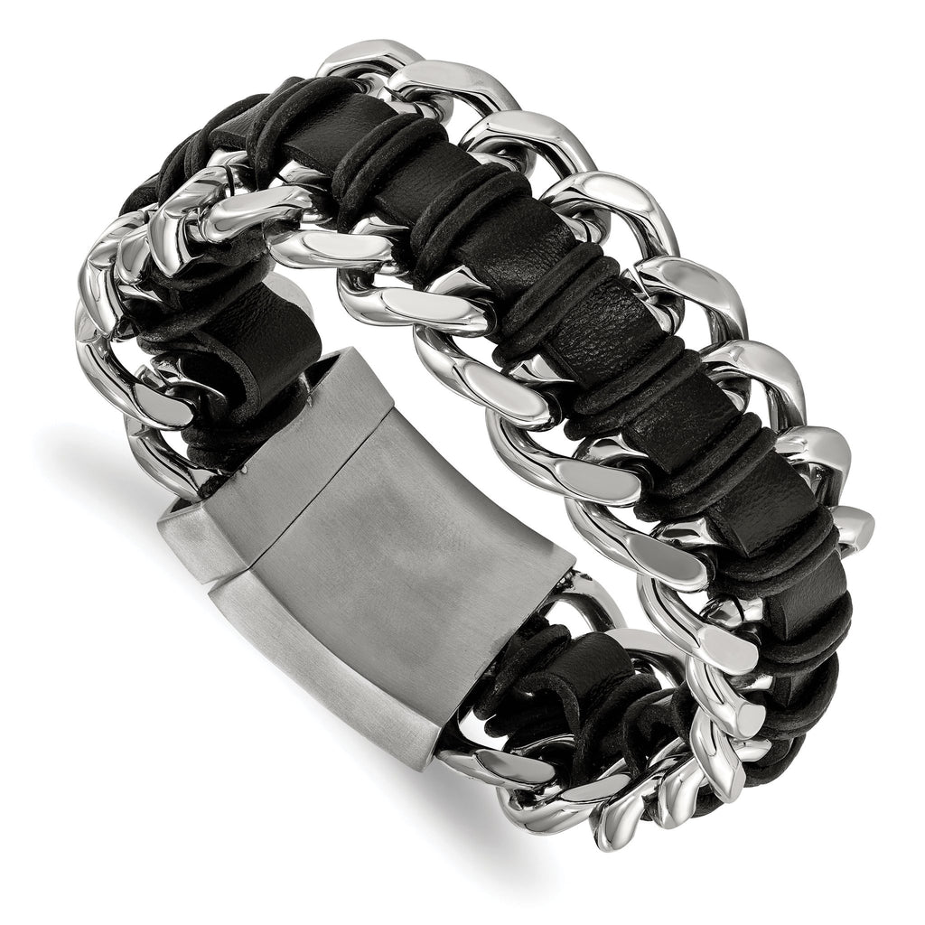 Stainless Steel Brushed and Polished Black Leather Bracelet for Men