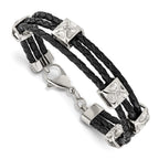 Stainless Steel Polished Black Leather Bracelet
