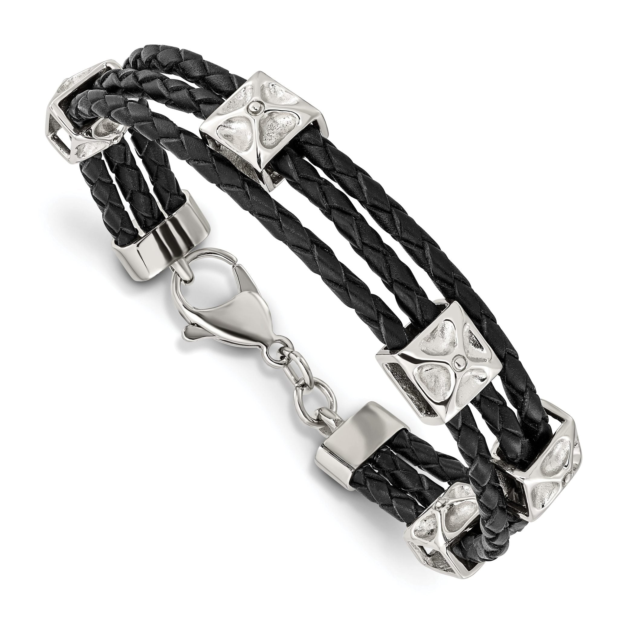 Stainless Steel Polished Black Leather Bracelet