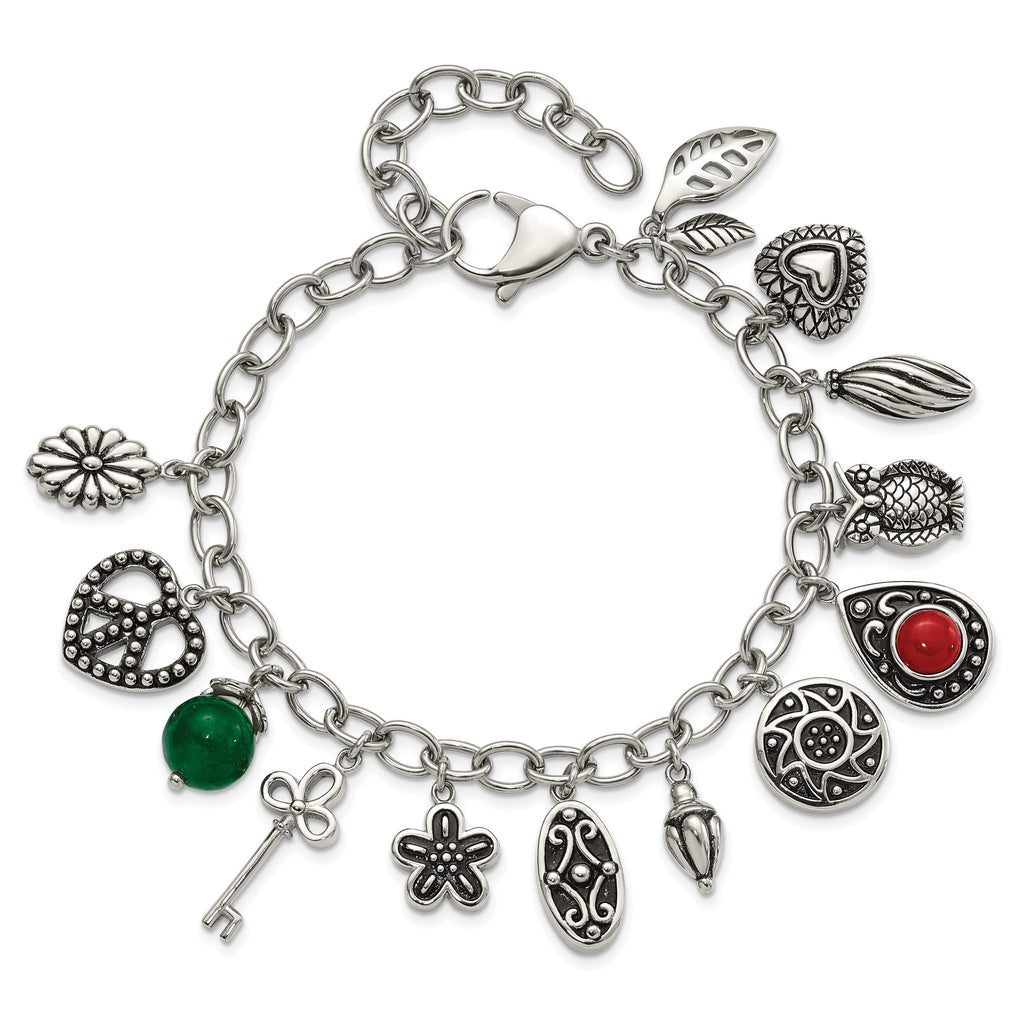 Stainless Steel Polished & Antiqued Synthetic Jade & Red Glass with ext. Charm Bracelet for Women