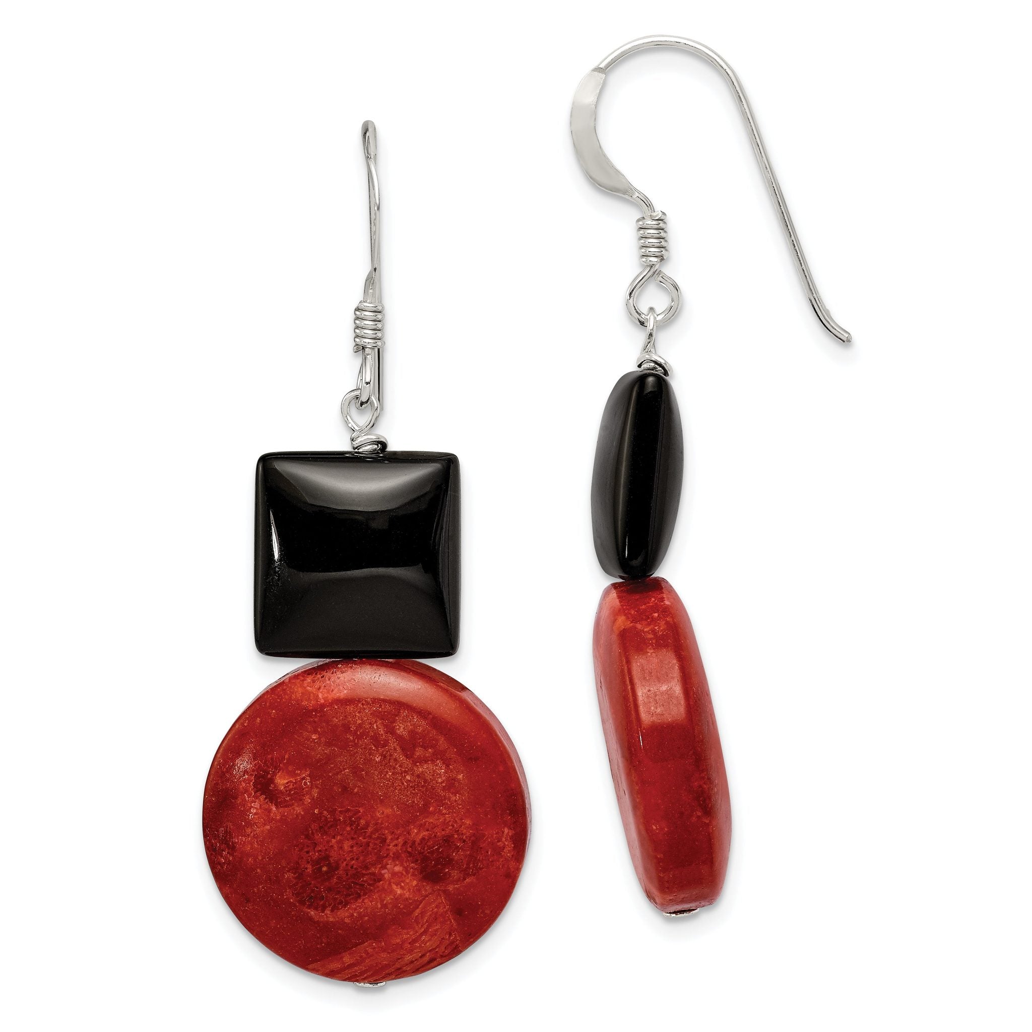 Sterling Silver Polished Black Agate & Recon. Red Coral Dangle Earrings Main image