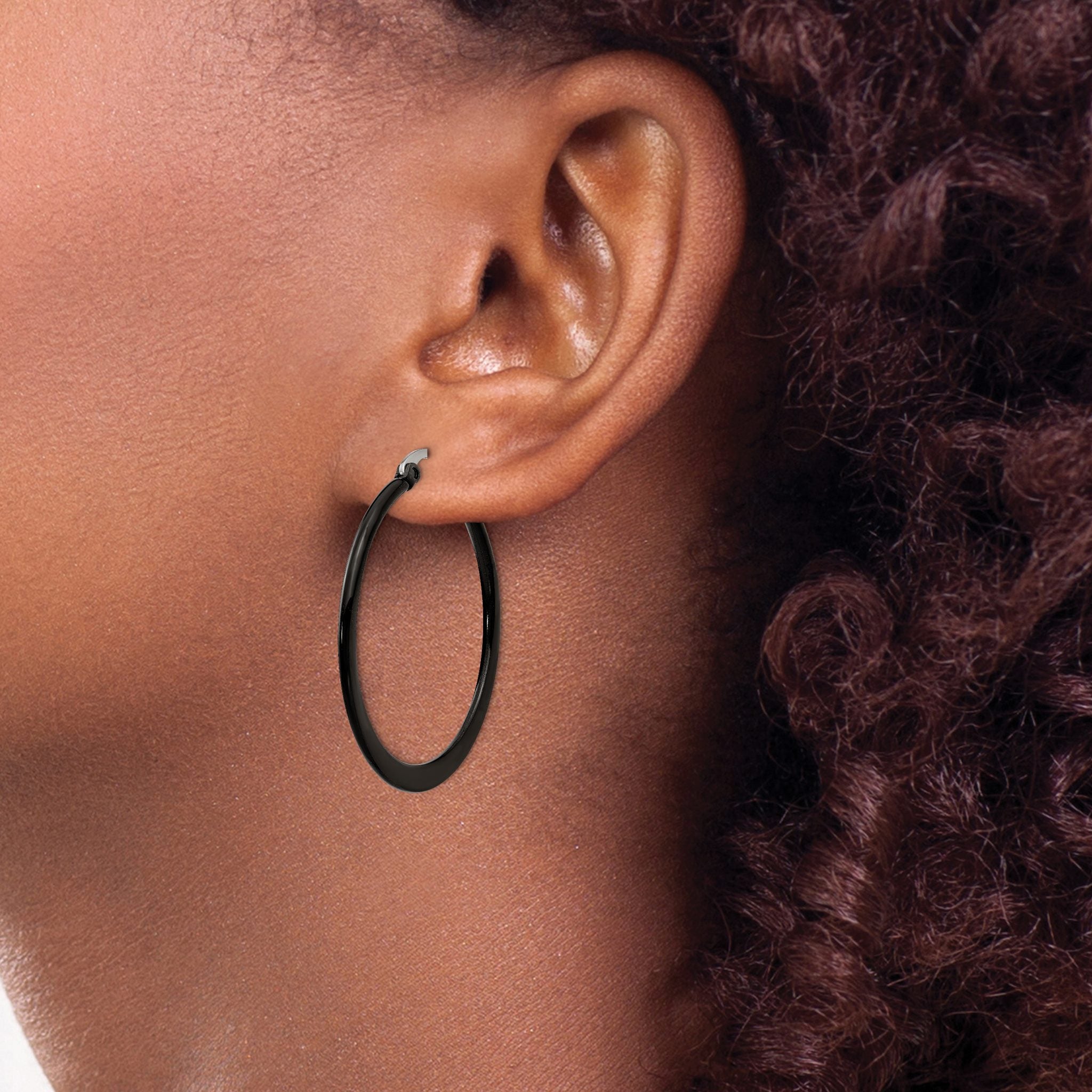 Stainless Steel Black Polished Hoop Earrings for Women