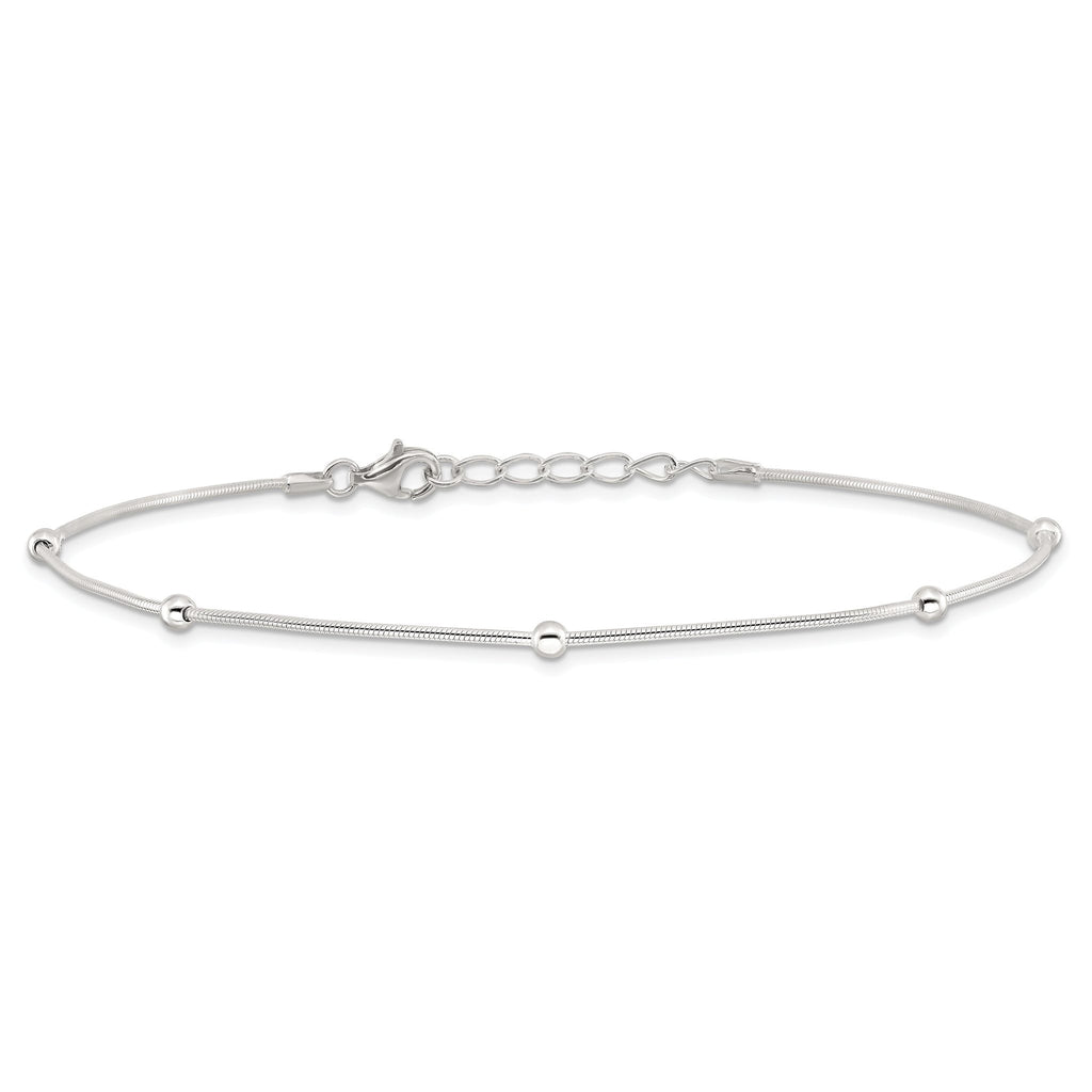 Sterling Silver Beads 5-Station 9 inch Plus 1.5 inch Extender - Total 10.5 inch Anklet