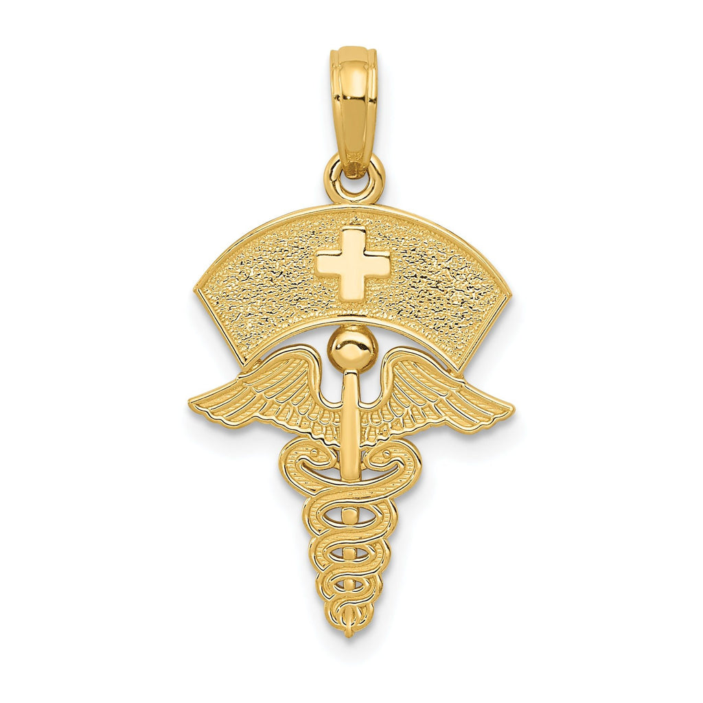 14K Gold Caduceus Nurses Cap Pendant with Polished Textured Design